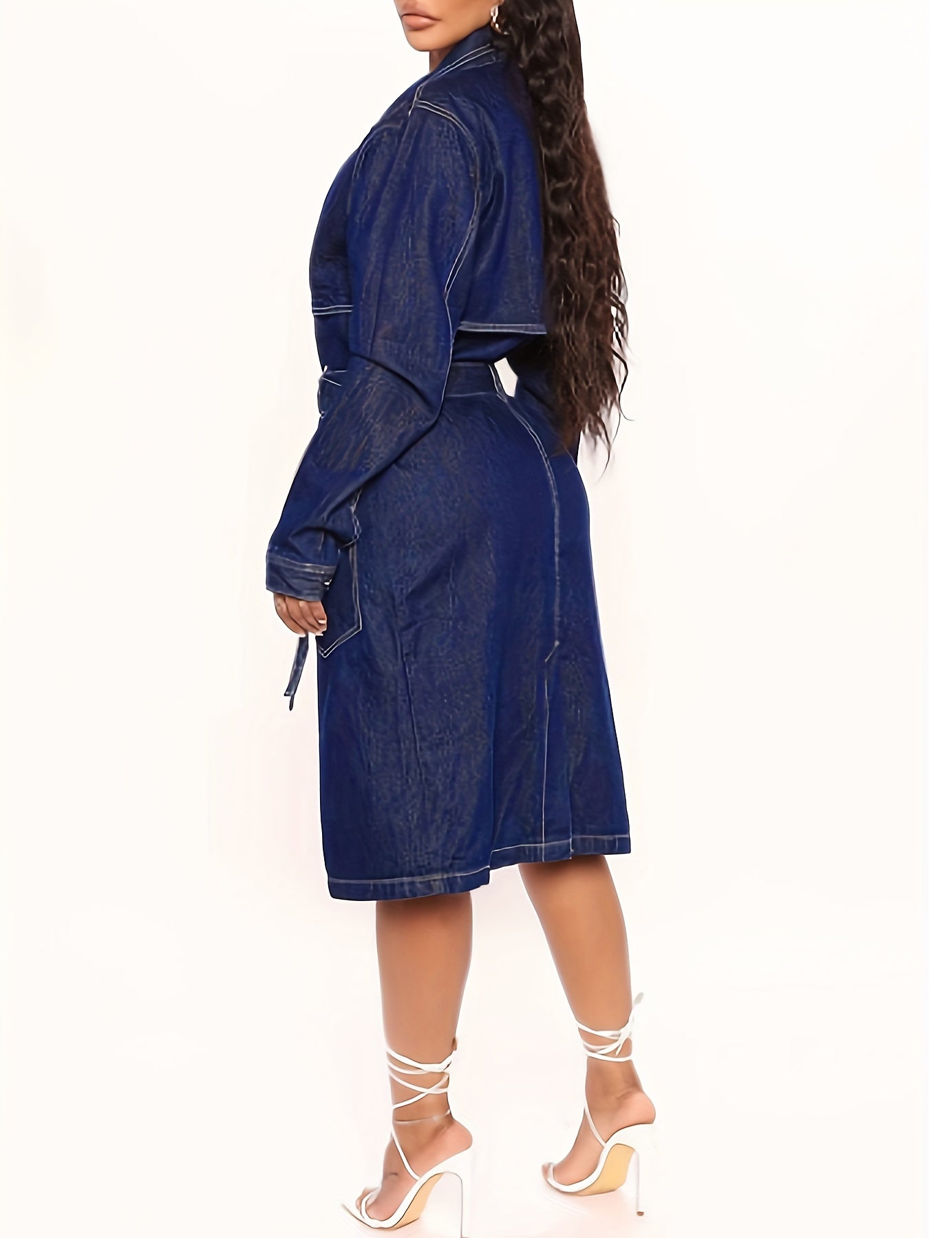 Chic Women's Long Denim Trench Coat with Belt - Classic Button-Up, Long Sleeve Jean Jacket for Spring/Fall